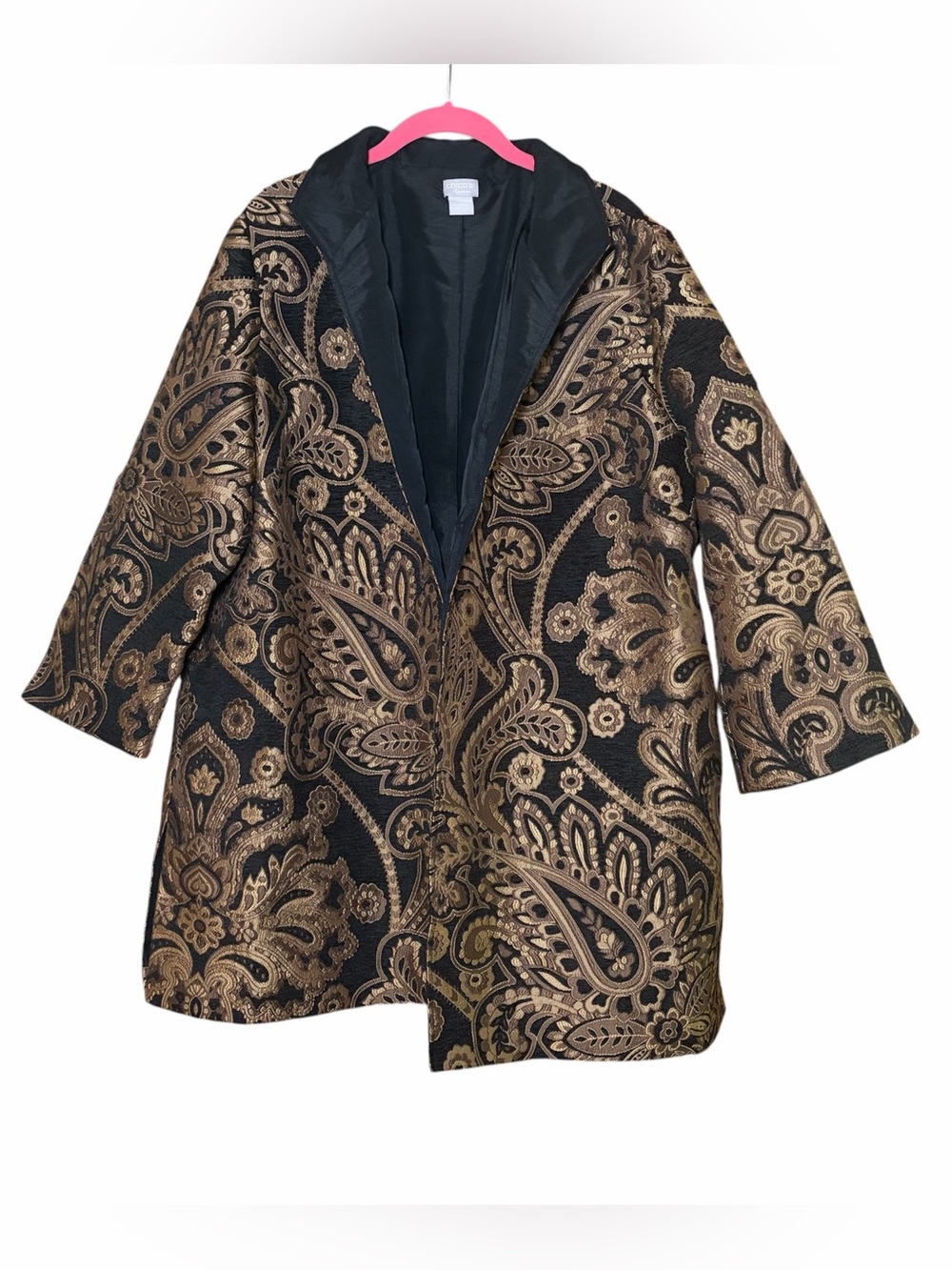 Chico’s Paisley Jacquard Open Front Jacket Size 3 XL Black Gold Tapestry